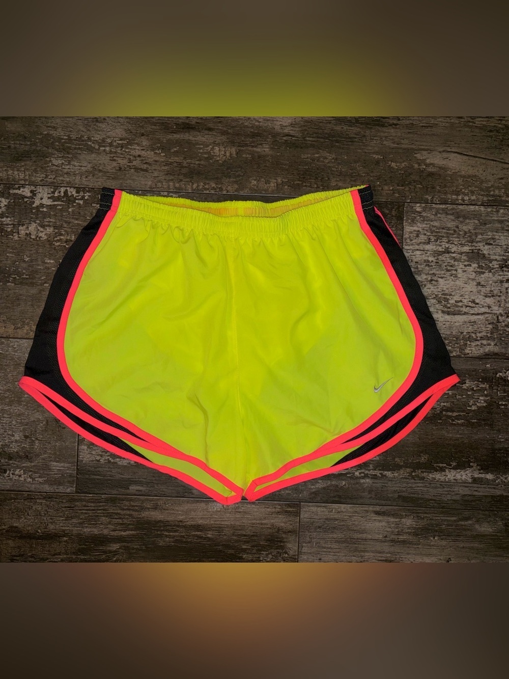 Nike Women's Neon Yellow Athletic Shorts with Pink Trim